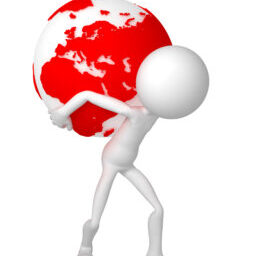 3d man holding earth globe on his shoulders. European and african side. Isolated.